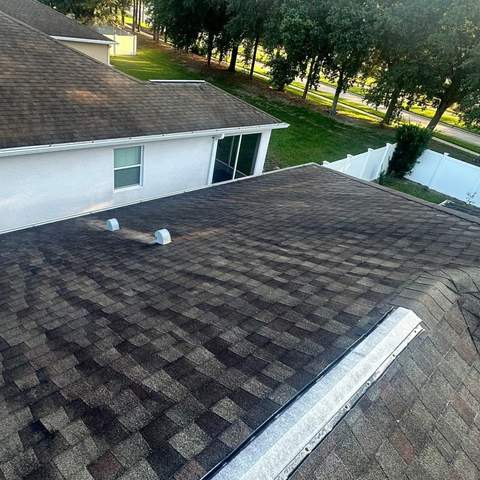 Dirty, algae-stained roof before soft washing