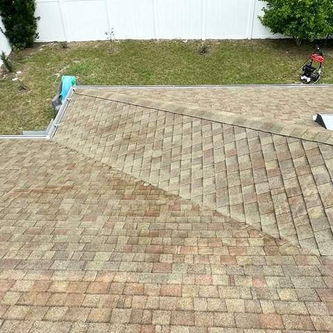 Clean roof after soft washing, rear of home