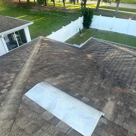 Dirty, streaked roof before soft washing, rear of home